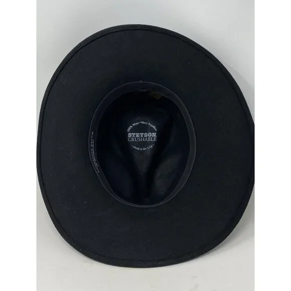 Stetson Crushable Wool Felt Outback Cowboy Hat Size S Black Woven Band Silver - Picture 8 of 13